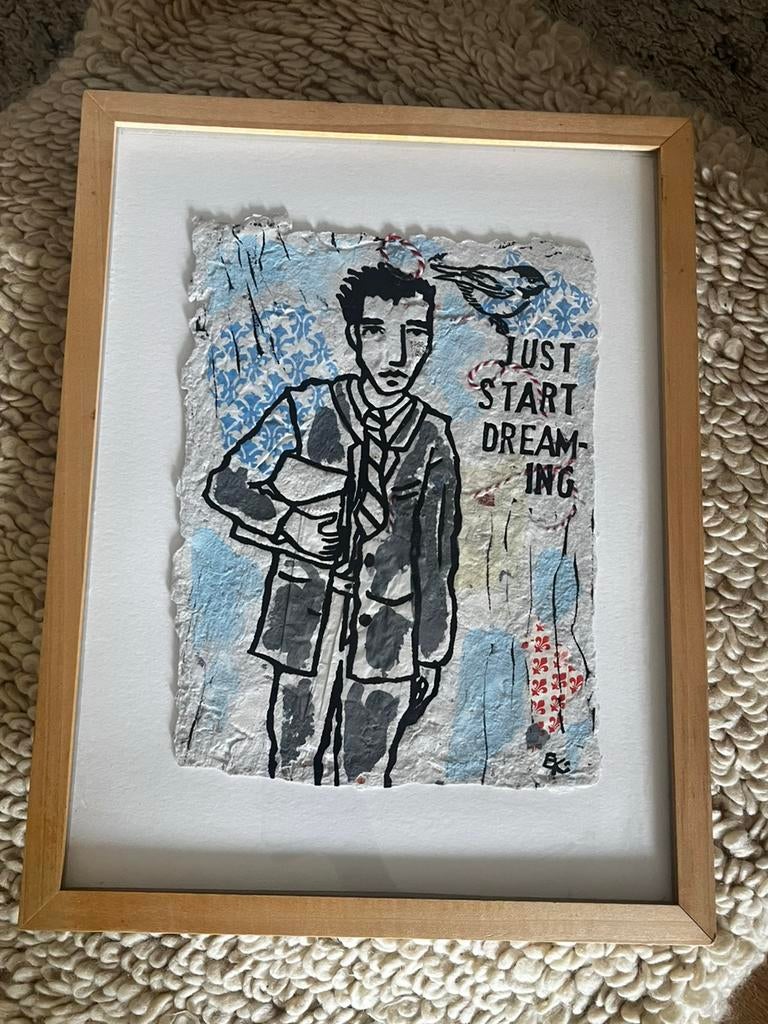 Kunstwerk met houten lijst, Ophalen of Verzenden