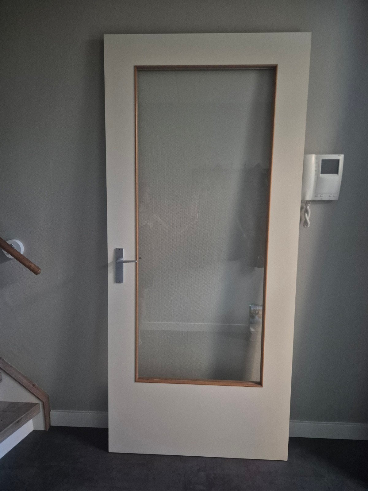 Gratis! Rechtsdraaiende opdekdeur met glas 211,5x93 cm, Ophalen, Gebruikt, 80 tot 100 cm, Binnendeur