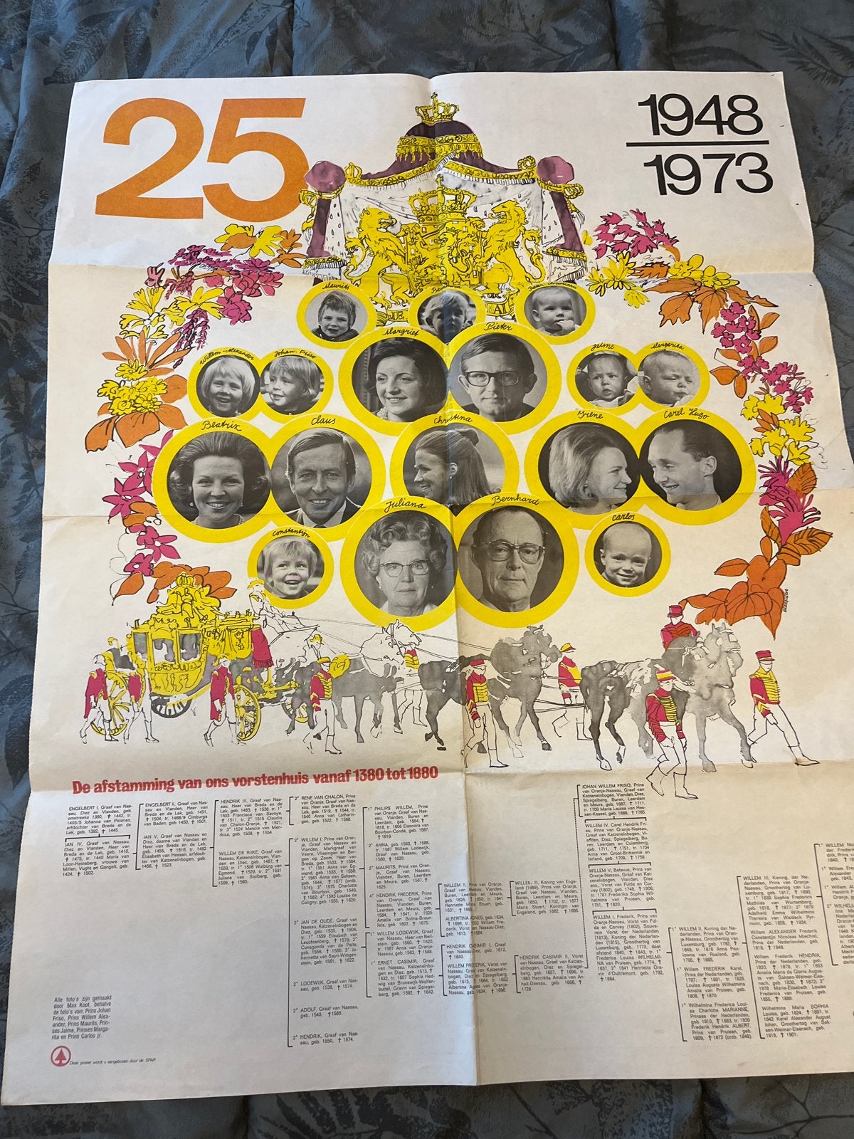 Poster 25 jaar regeringsjubileum Juliana 1948-1973, Verzamelen, Ophalen of Verzenden, Zo goed als nieuw, Nederland, Kaart, Foto of Prent