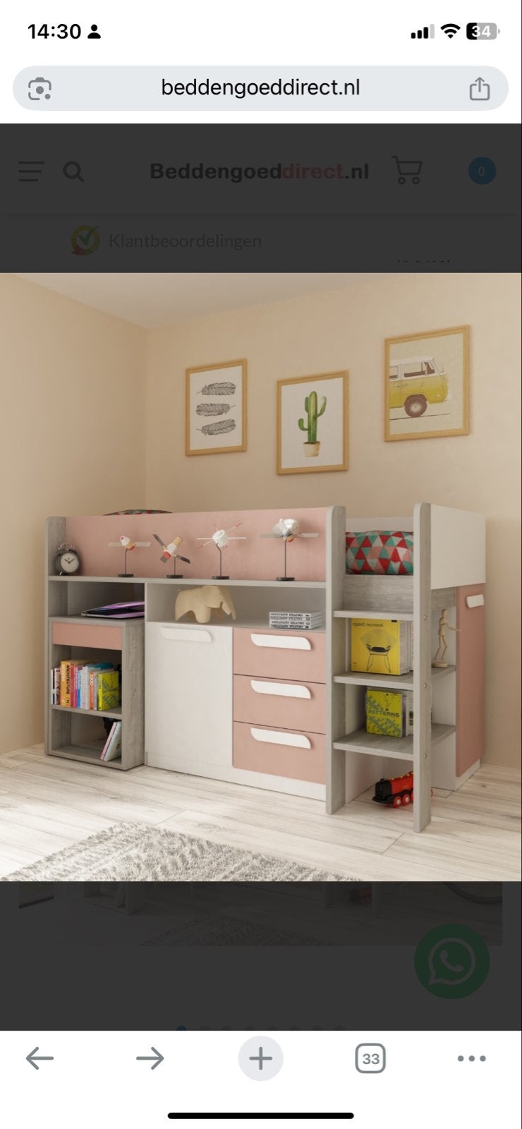 Halfhoogslaper YOLO oud roze met bureau en opbergruimte, Ophalen, Gebruikt, 90 cm, Eenpersoons