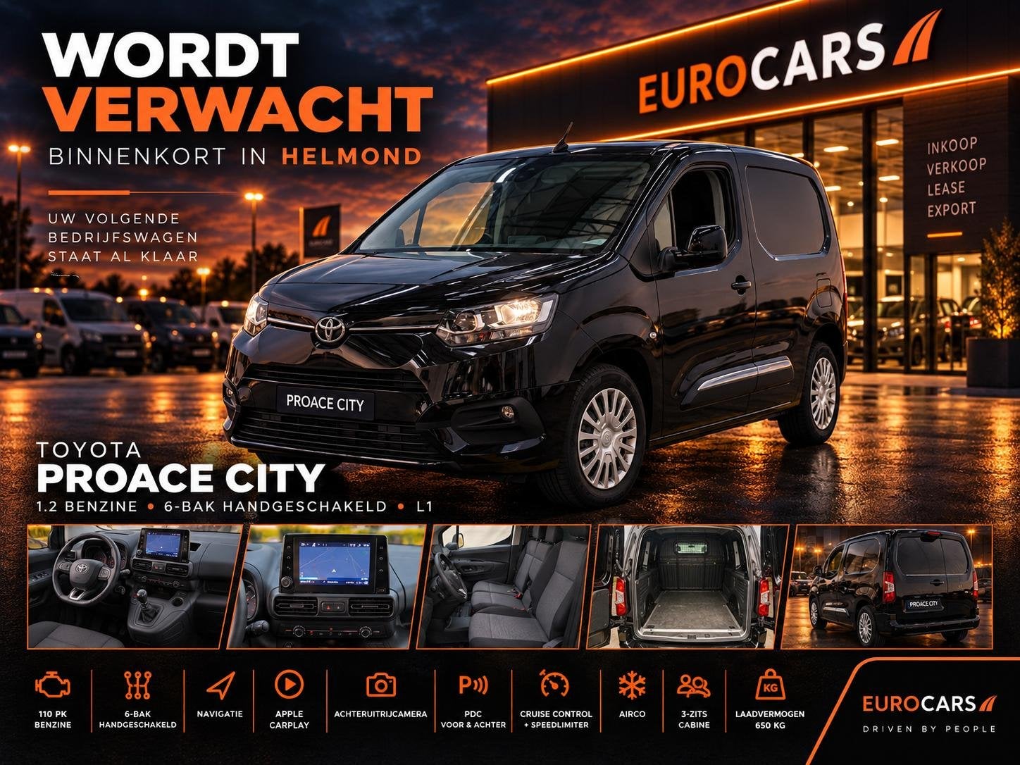 Toyota PROACE CITY 1.2 Turbo Live Navi Carplay Camera PDC V+, Auto's, Voorwielaandrijving, 1199 cc, Zwart, Origineel Nederlands