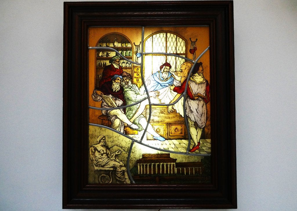 Glas in lood lichtbak lamp God Asklepios genezing gesigneerd, Ophalen of Verzenden