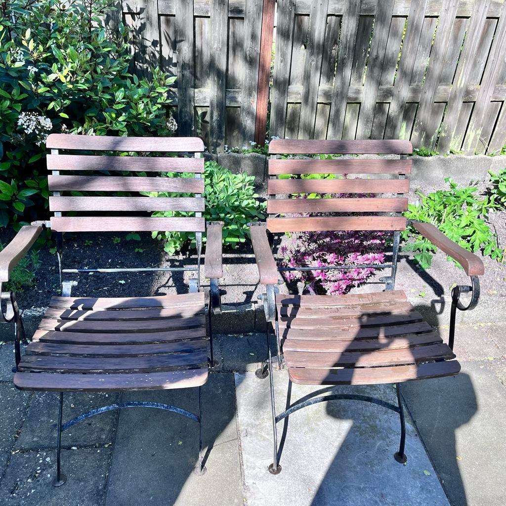Twee acaciahouten tuinstoelen met metalen frame - Z.G.A.N., Ophalen, Zo goed als nieuw, Hout