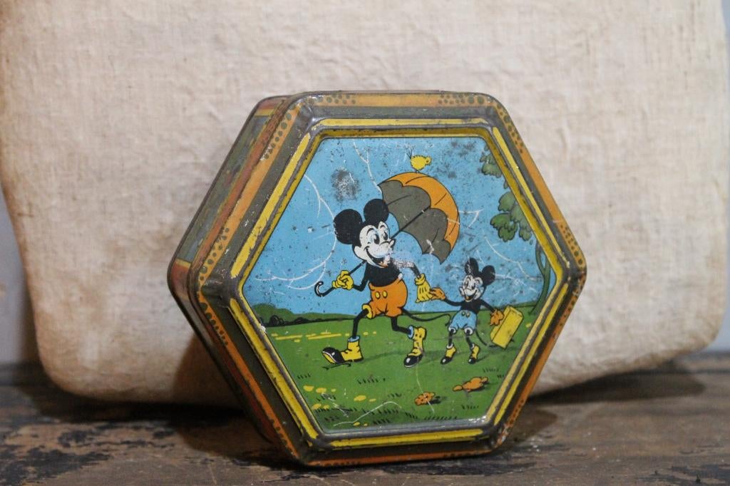 6 hoekig jaren 30 Mickey mouse blikje, Verzamelen, Blikken, Gebruikt, Overige, Ophalen of Verzenden