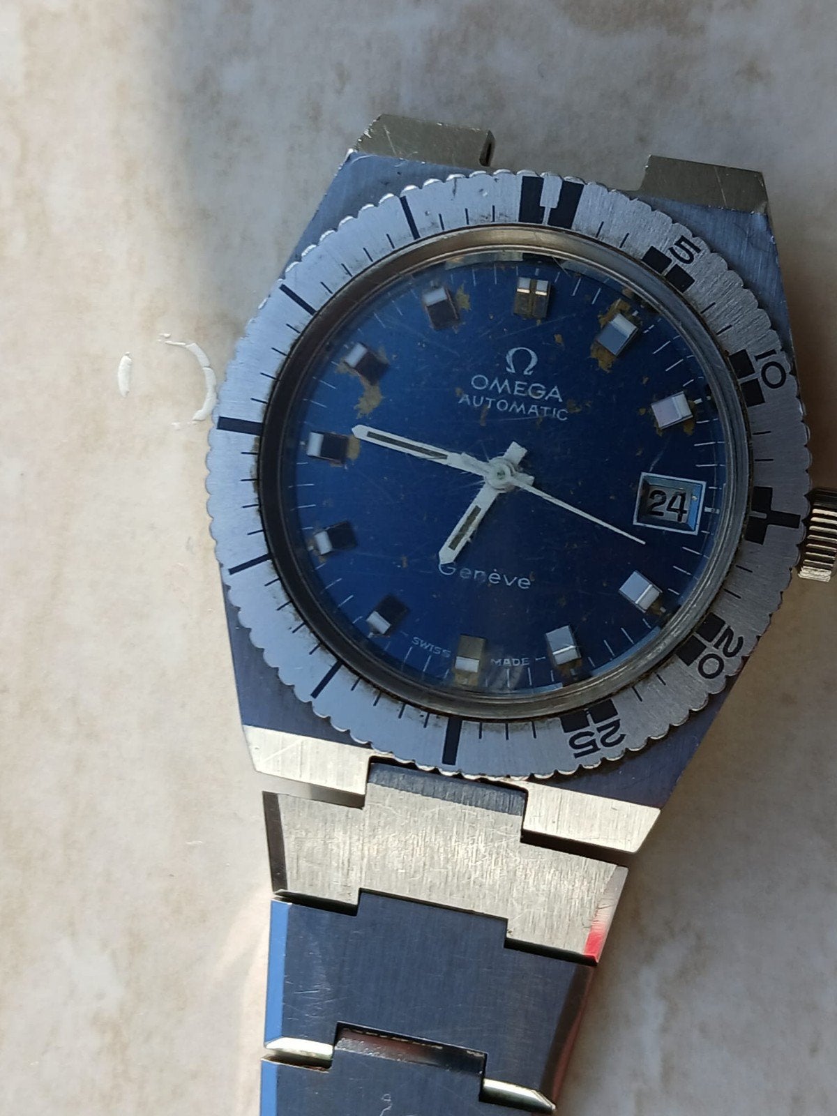 Omega Genève Diver automaat 166.0124 bleu dail, Sieraden, Tassen en Uiterlijk, Horloges | Heren, Staal, Gebruikt, Staal, Polshorloge