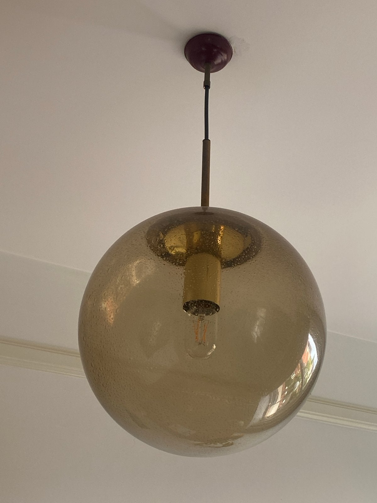 Vintage X3 hanglampen - Amberkleurig bubbelglas, Ophalen of Verzenden