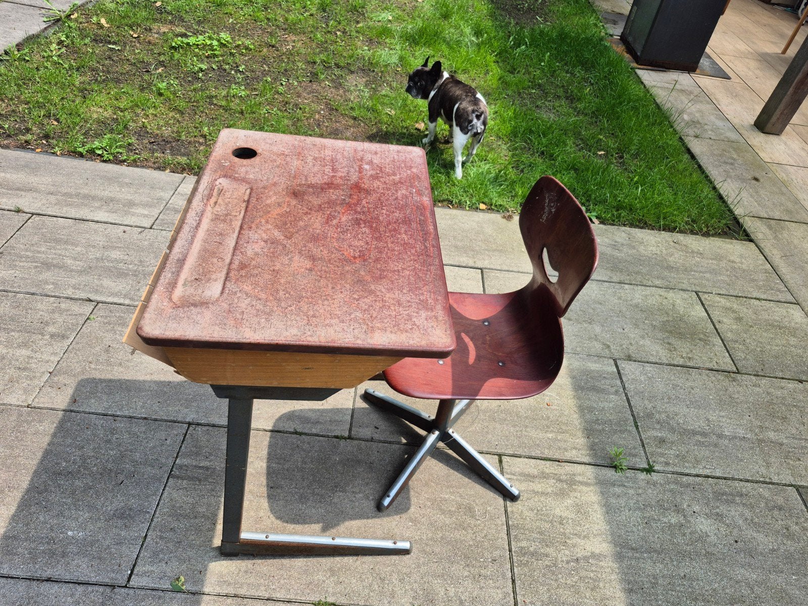 Vintage schoolbank met stoel - Retro bureau (opknapper), Ophalen of Verzenden