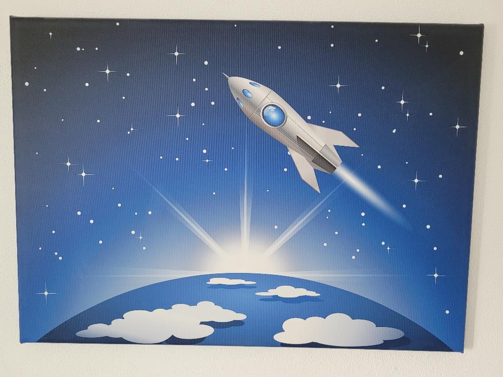 Canvas schilderij raket in de ruimte (70x50 cm), Ophalen, Zo goed als nieuw, Wanddecoratie