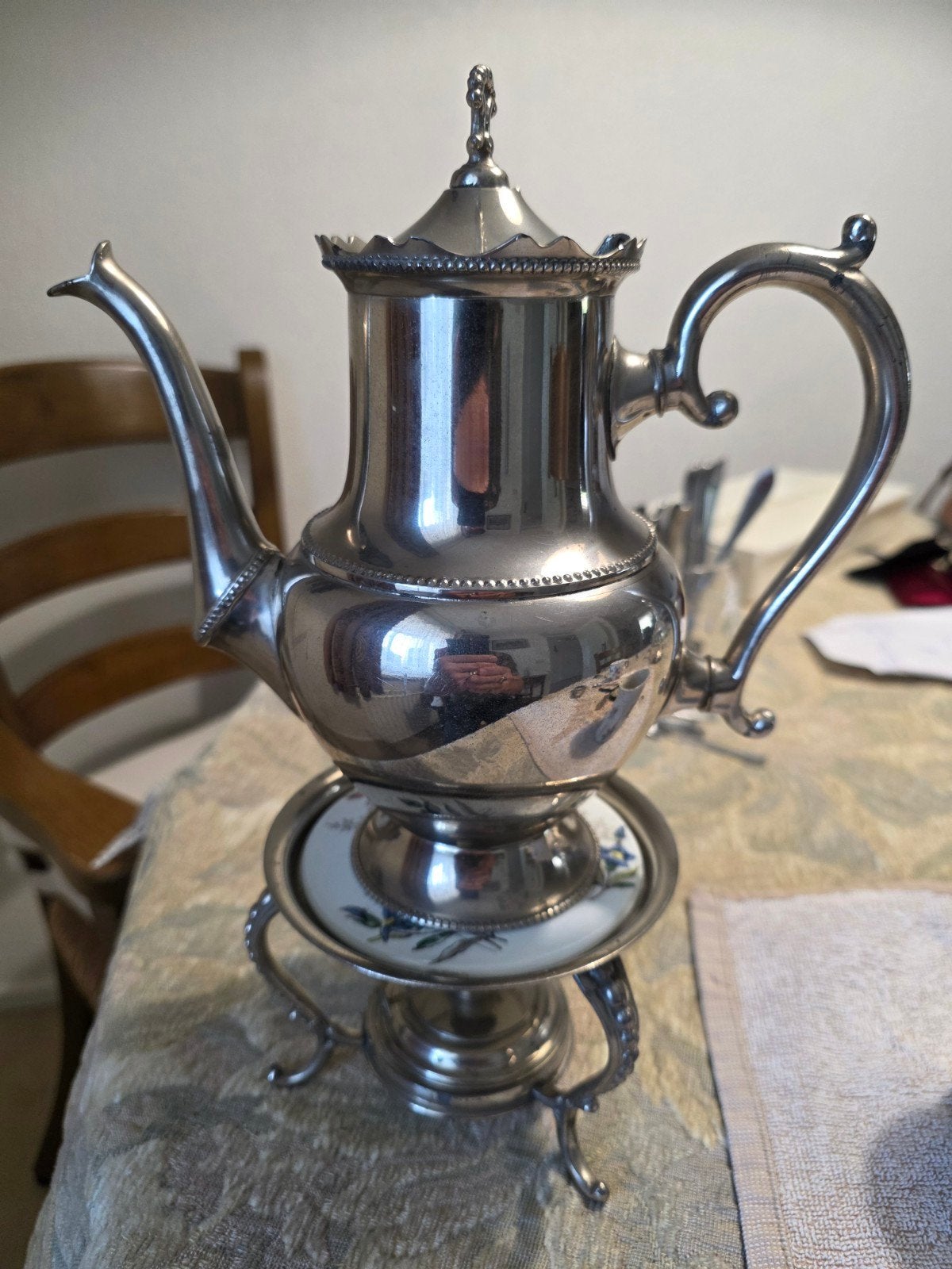 Antieke verzilverde theepot met rechaud, Ophalen of Verzenden