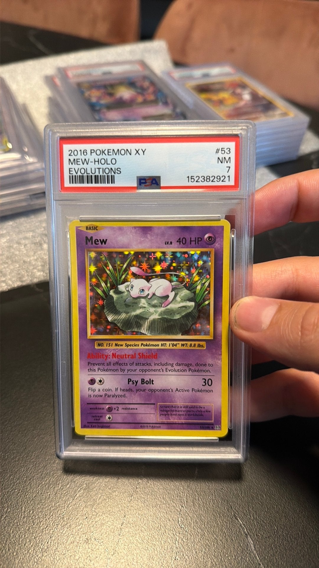 2016 Pokémon XY Mew-Holo Evolutions PSA 7 NM, Ophalen of Verzenden, Zo goed als nieuw, Losse kaart, Foil