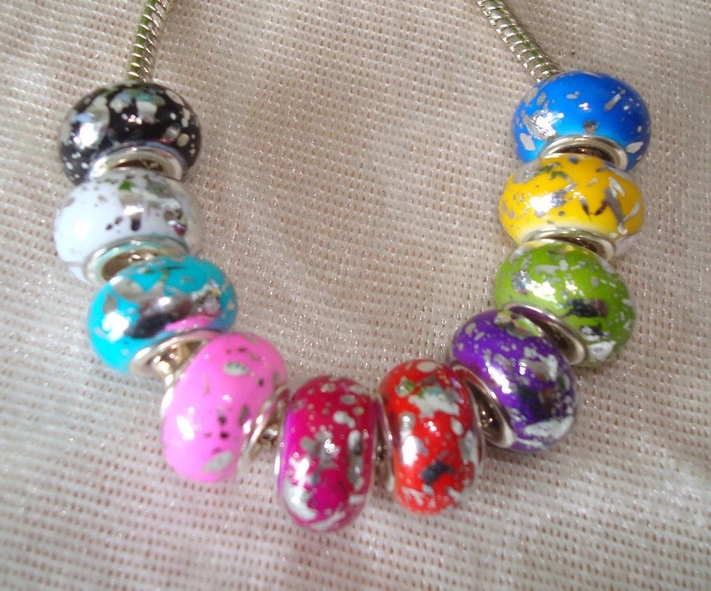 SALE: 10 stuks groot gat bedels Multicolour met zilverfolie, Overige materialen, Want 18 Hoogvliet, Adorabeads, Nieuw