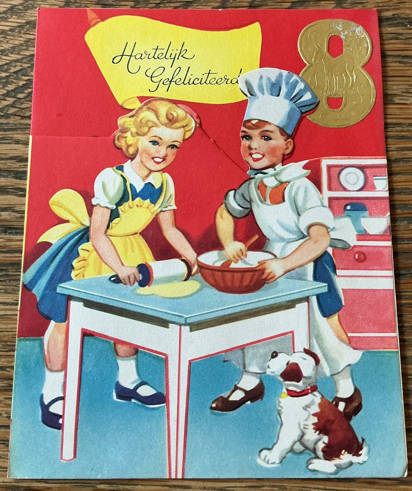 Oude Vintage kaart 1950 Kinderen met koksmuts en Deegroller, Ophalen of Verzenden, Ongelopen