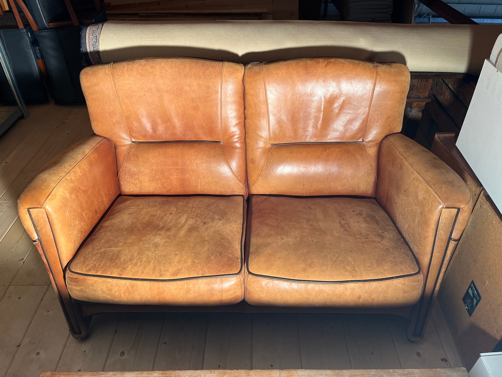 Vintage Leren Tweezitsbank - Cognac Kleur, Ophalen, Gebruikt, 150 tot 200 cm, Tweepersoons
