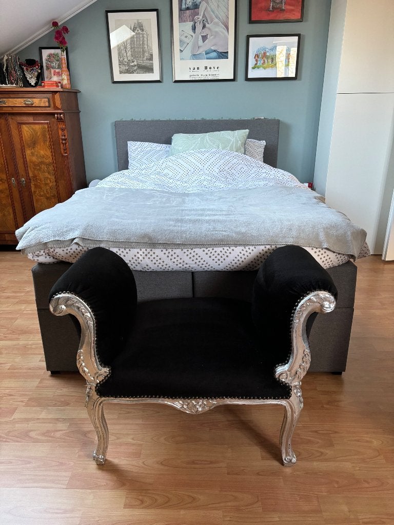 Vintage Zwart Fluweel Bankje met Zilverkleurig Frame, Ophalen