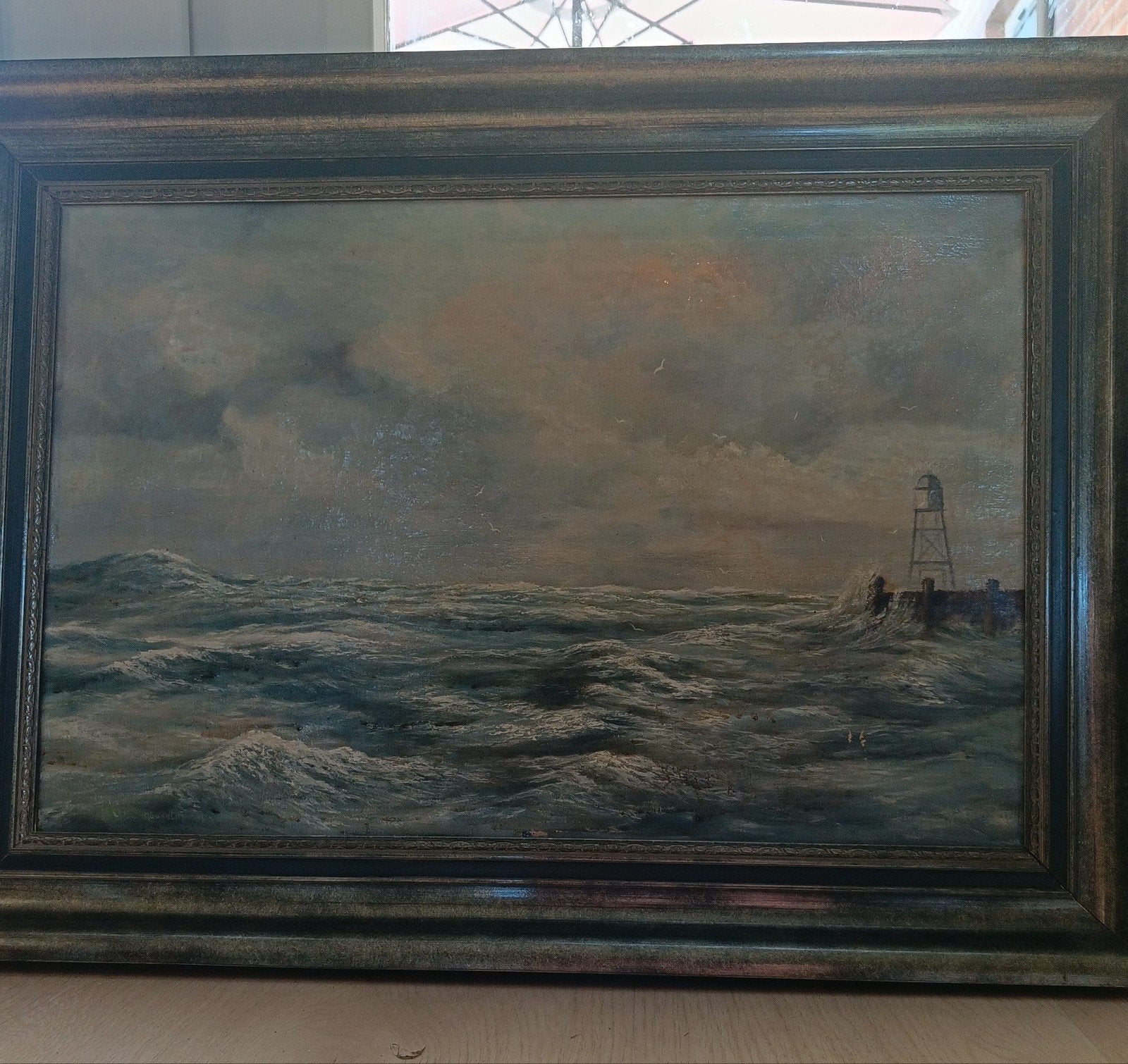 Gesigneerd Schilderij: Woeste Zee met Vuurtoren (73x57 cm), Antiek en Kunst, Maritiem / water, Doek, Realistisch, Origineel werk