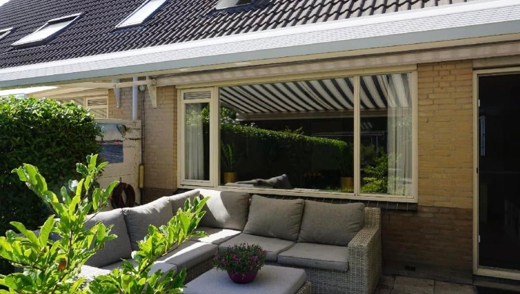 Hard houten kozijn met dubbel glas 158x344cm, Ophalen, Gevelraam of Ruit, Gebruikt, 120 tot 160 cm