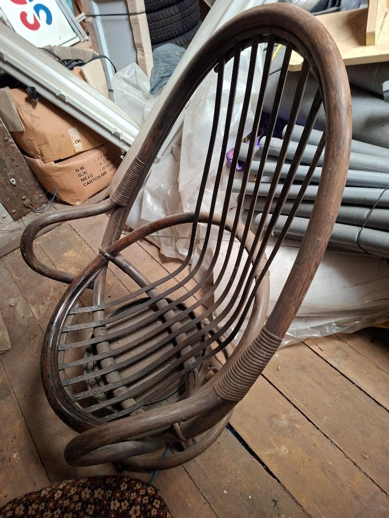Vintage rotan manou stoel met kussen, Ophalen, Gebruikt, Onbekend, Riet of Rotan