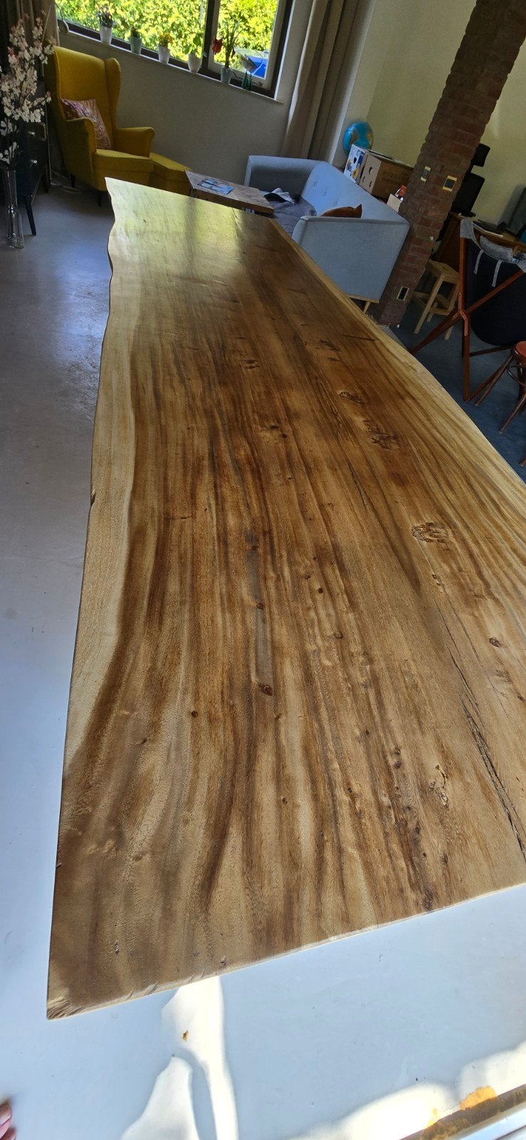 Boomstamtafel 300x80cm met optioneel 8 stoelen, Ophalen, 200 cm of meer, 50 tot 100 cm, Zo goed als nieuw