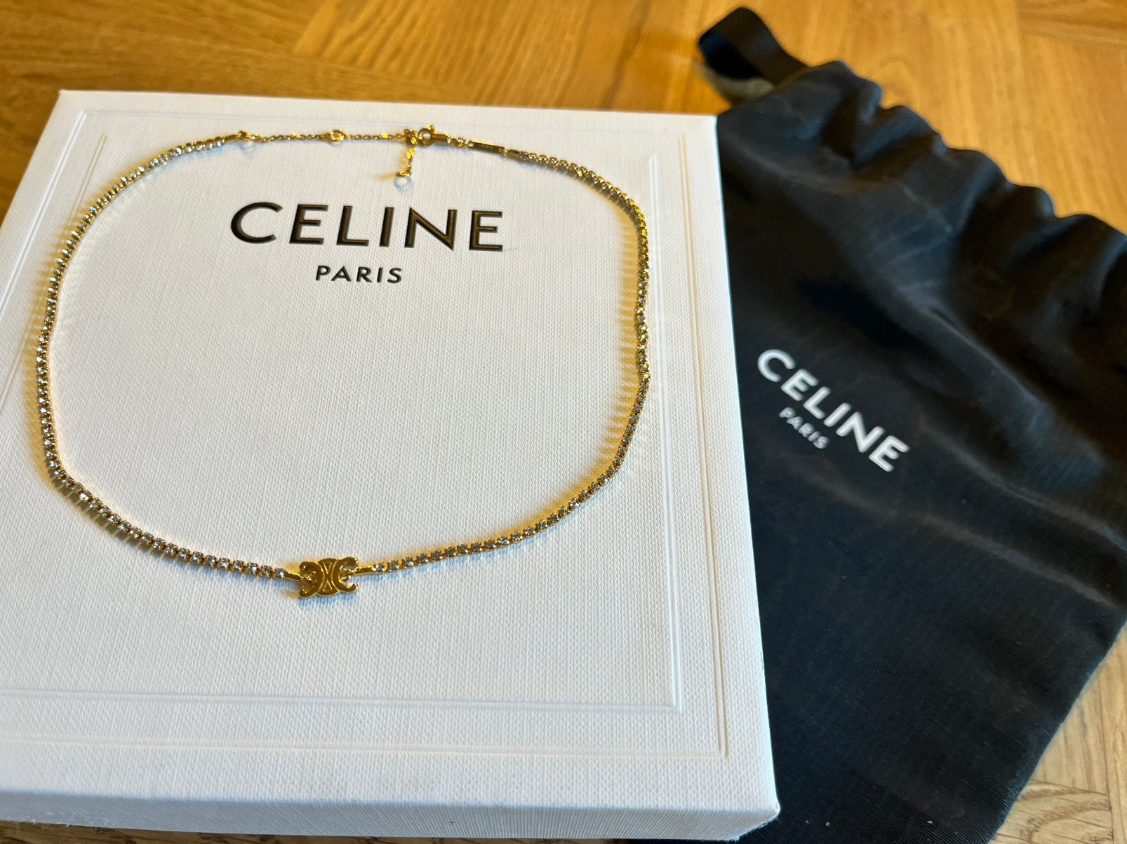 Celine Paris Gouden Crystal Triomphe Tennis Choker Ketting, Sieraden, Tassen en Uiterlijk, Kettingen, Verstelbaar, Ophalen of Verzenden