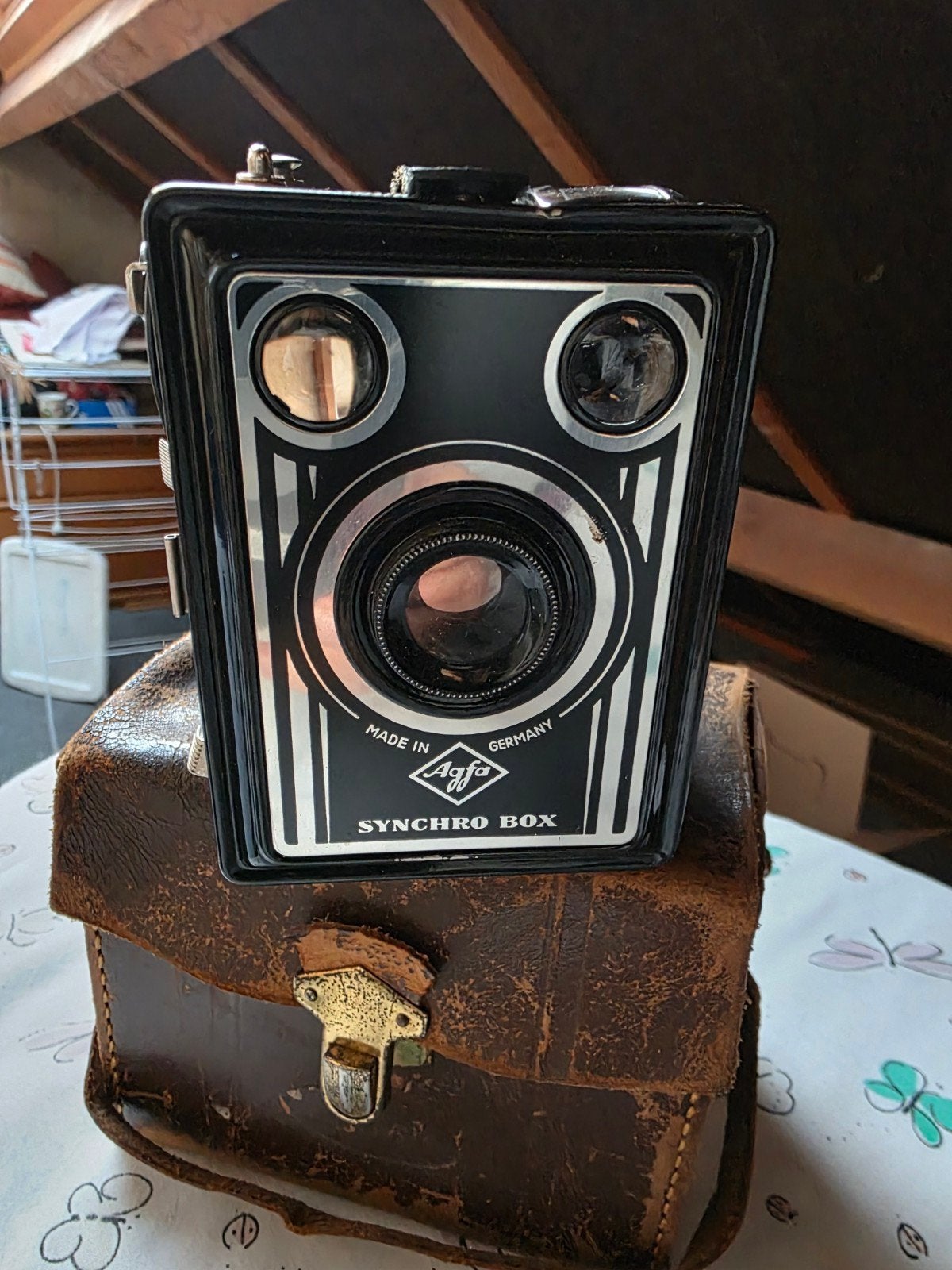 Agfa Synchro Box camera met lederen tas - Vintage, Ophalen of Verzenden, Gebruikt, Compact