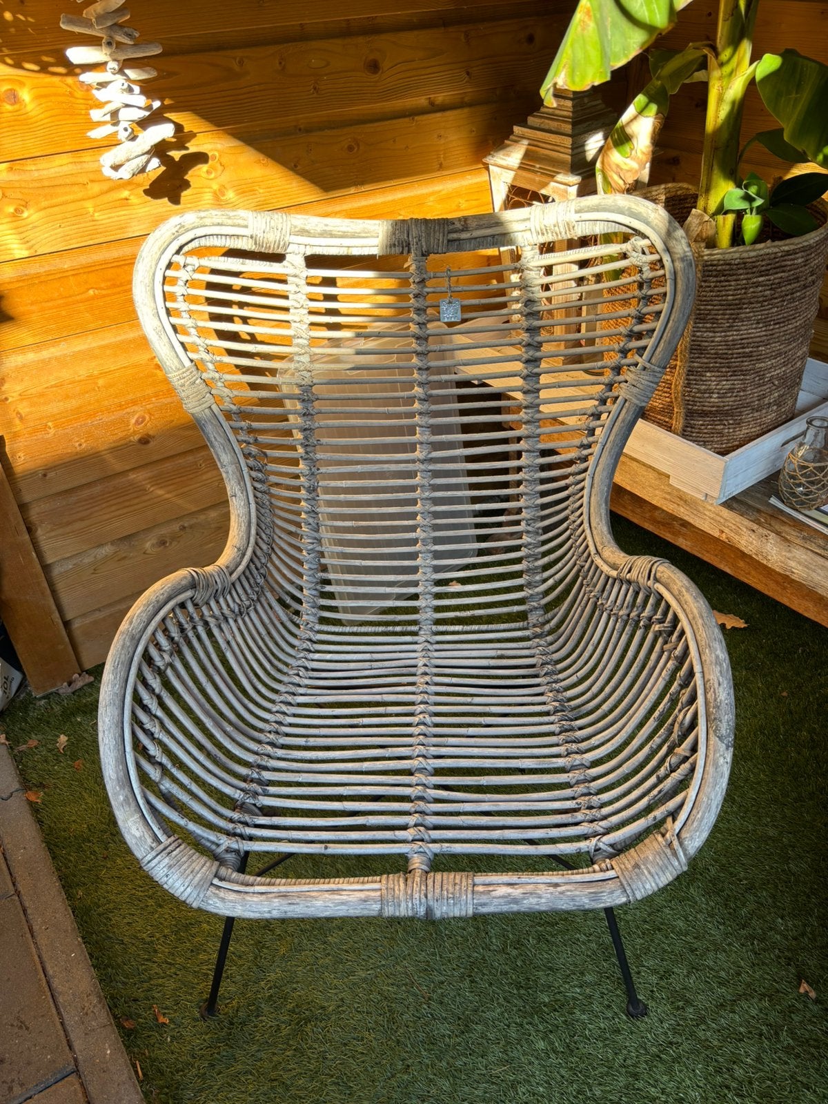 Rotan rieten relax fauteul vergrijsd., Ophalen, Gebruikt, Rotan