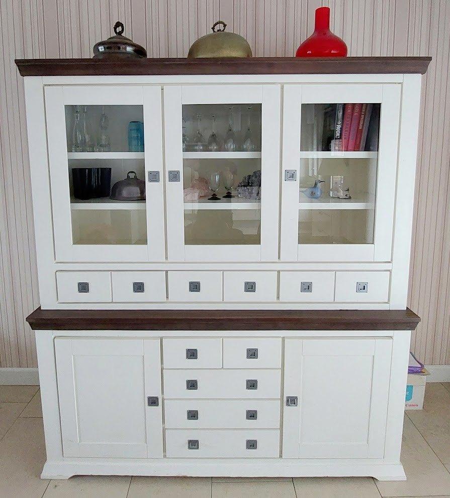 Buffetkast vintage in wit en teakkleur, goed onderhouden., Ophalen, Met deur(en), 200 cm of meer, Landelijk, vintage