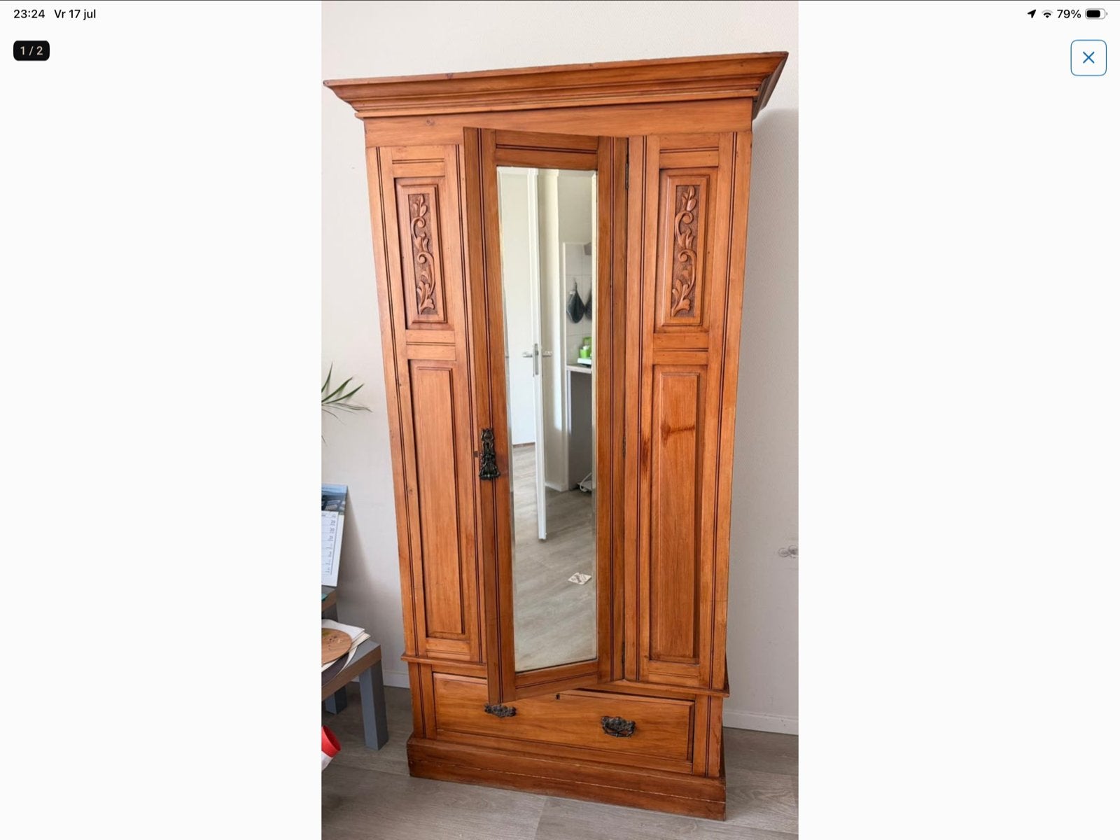 Antieke houten kledingkast met spiegel en lade, Antiek en Kunst, Ophalen