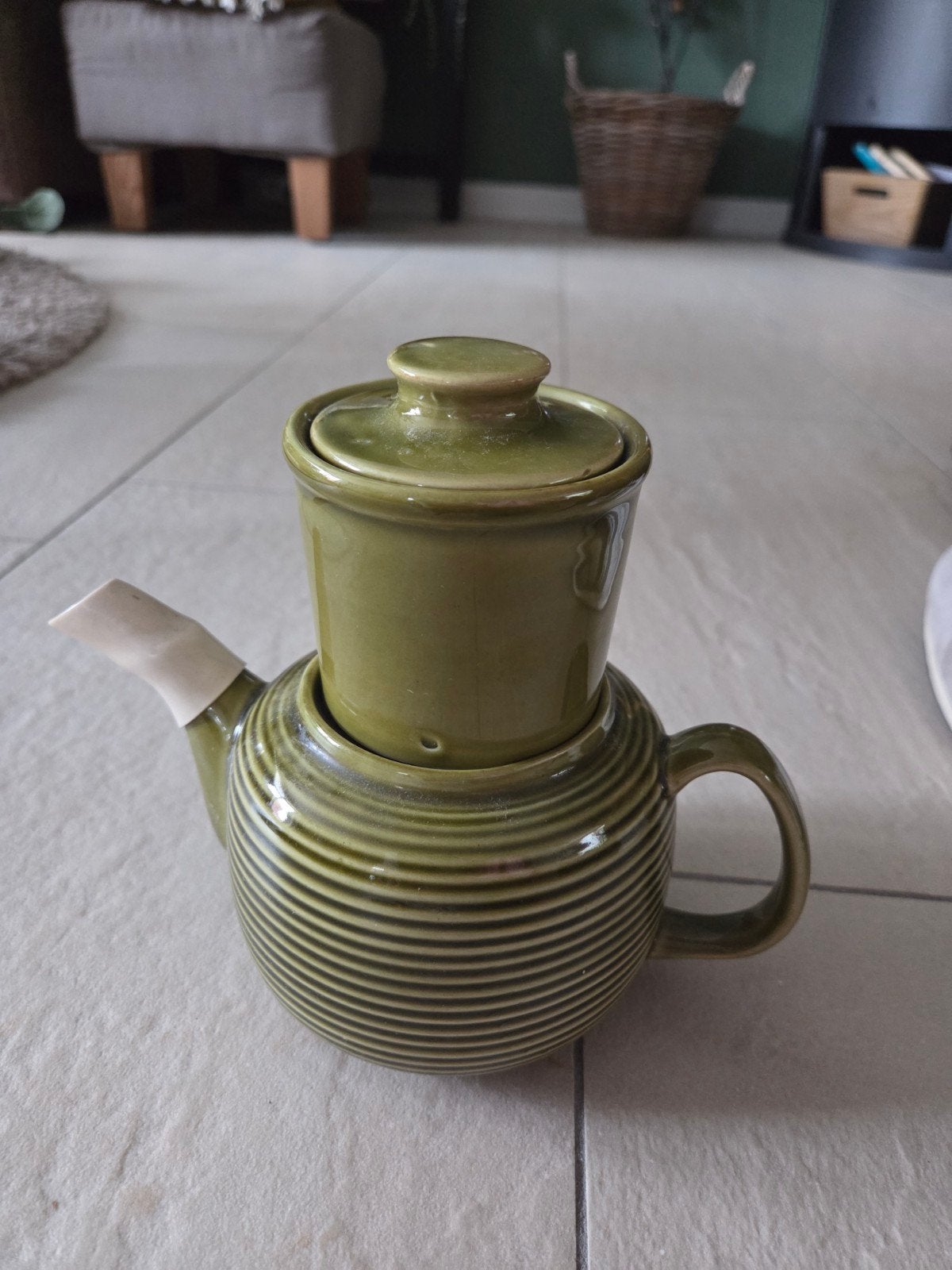 Vintage koffiepot met filter, 0.7L - Groen keramiek, Ophalen of Verzenden