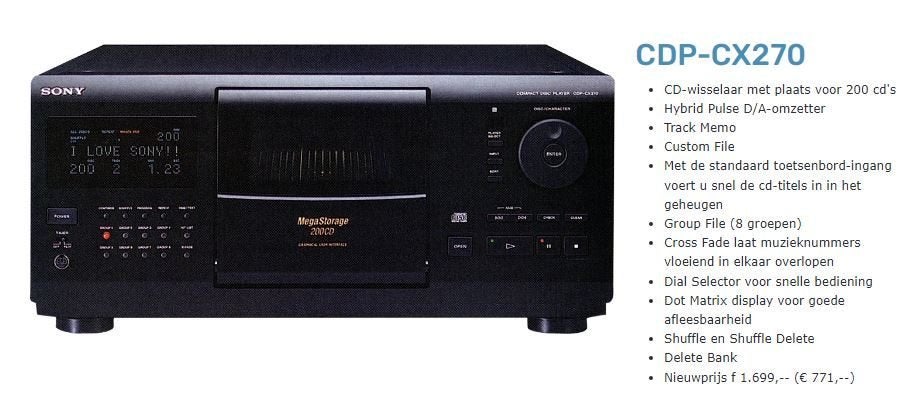 Sony CDP-CX270.  200-CD Megastore (In Topstaat met AB), Ophalen of Verzenden, Zo goed als nieuw, Sony, Wisselaar