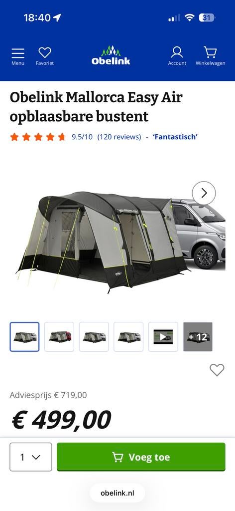 Obelink Mallorca Easy Air opblaasbare bustent/campervoortent, Ophalen, Zo goed als nieuw