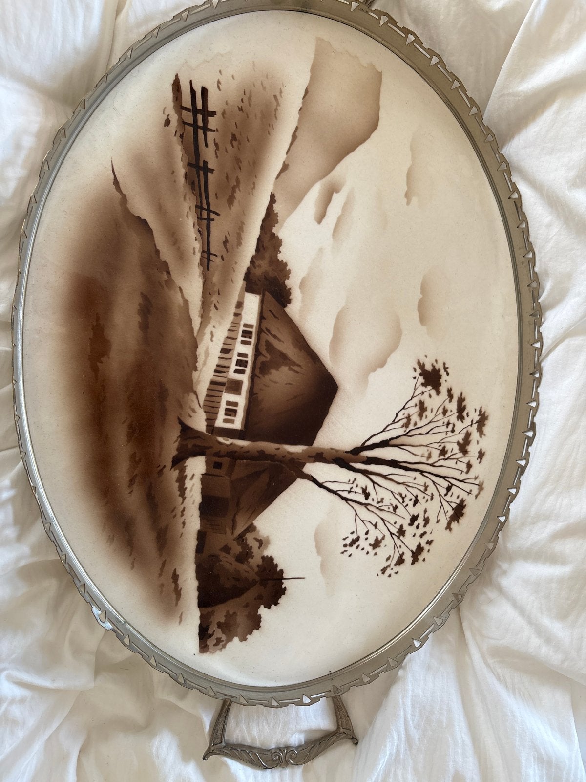 Vintage dienblad met landschap, verzilverd, Ophalen