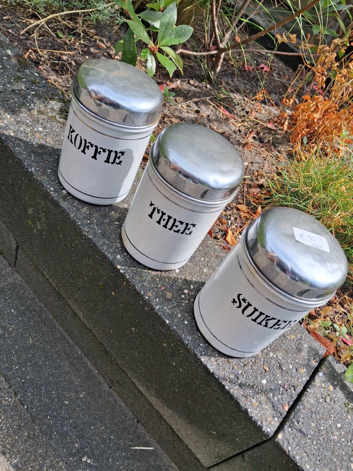 Vintage emaille voorraadpotten KOFFIE THEE SUIKER, Ophalen of Verzenden