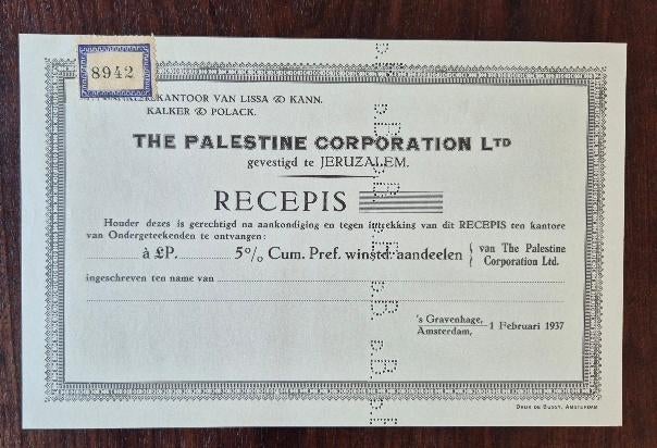 The Palestine Corporation Ltd. 1937 Jeruzalem - zeldzaam, Ophalen, 1920 tot 1950, Overige typen