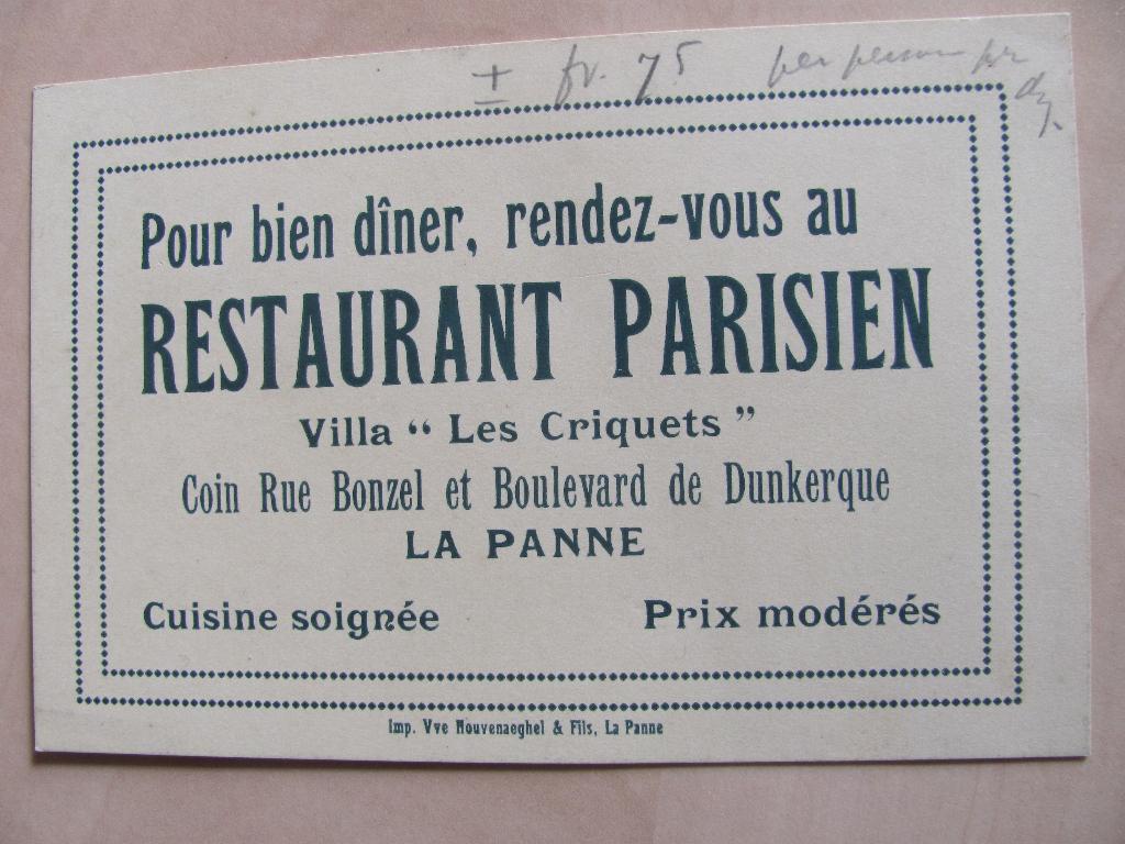 La Panne, Villa Criquets, rest. Parisien, Boulev. Dunkerque, Ophalen of Verzenden, Zo goed als nieuw, Overige typen