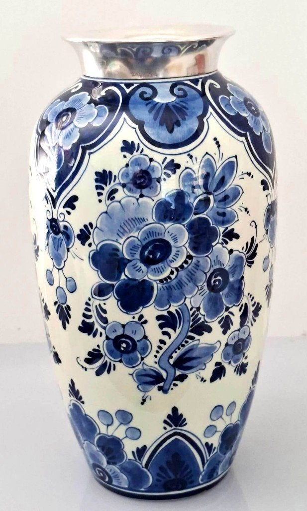 Prachtige Regina Delfts Blauwe Vaas Sterling Zilver Kraag, Antiek en Kunst, Ophalen of Verzenden, Zilver
