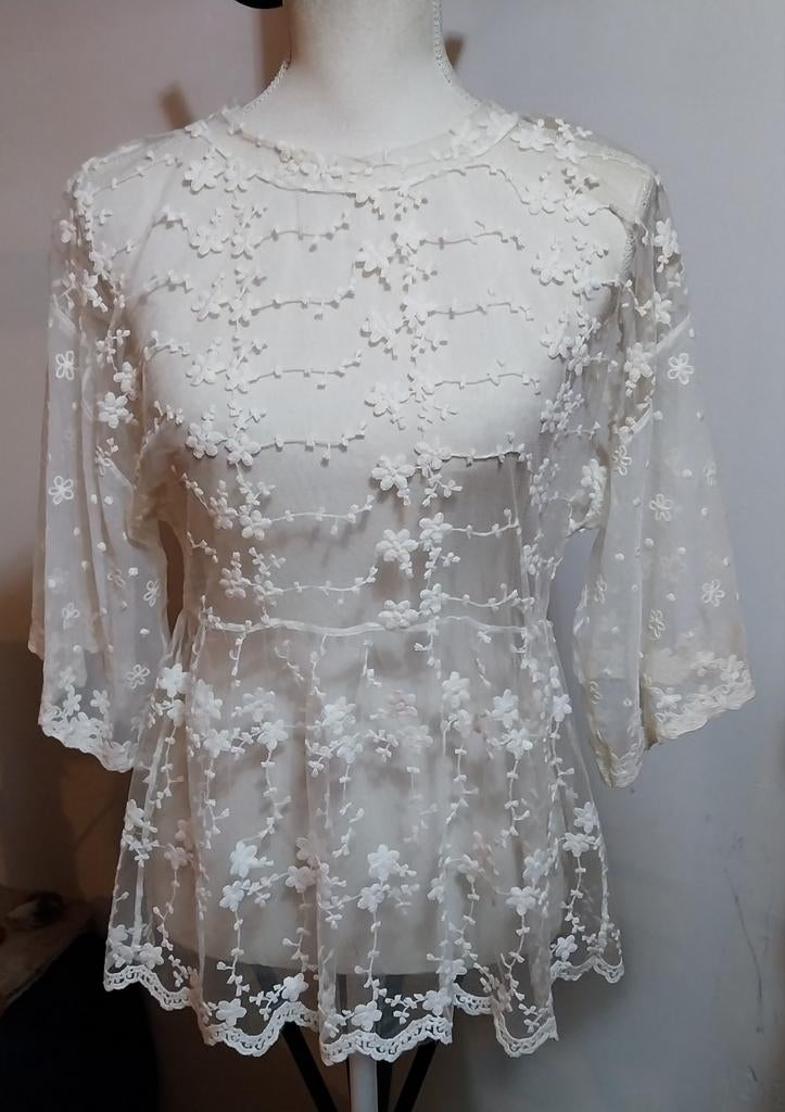 Zara Crème Ivoor Kanten Tuniek Top met Bloemenborduursel, Verzenden, Zara, Zo goed als nieuw, Korte mouw