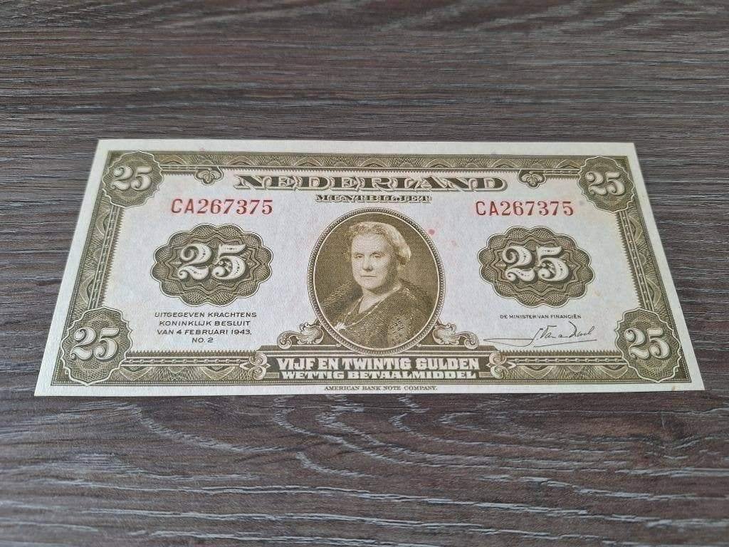UNC zeldzaam biljet 25 gulden Wilhelmina, 1943, Ophalen of Verzenden, 25 gulden