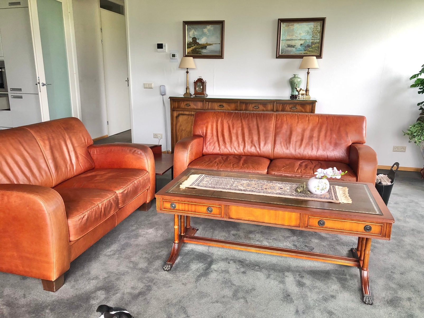 Lederen bankstel cognac, Ophalen, Zo goed als nieuw, 75 tot 100 cm