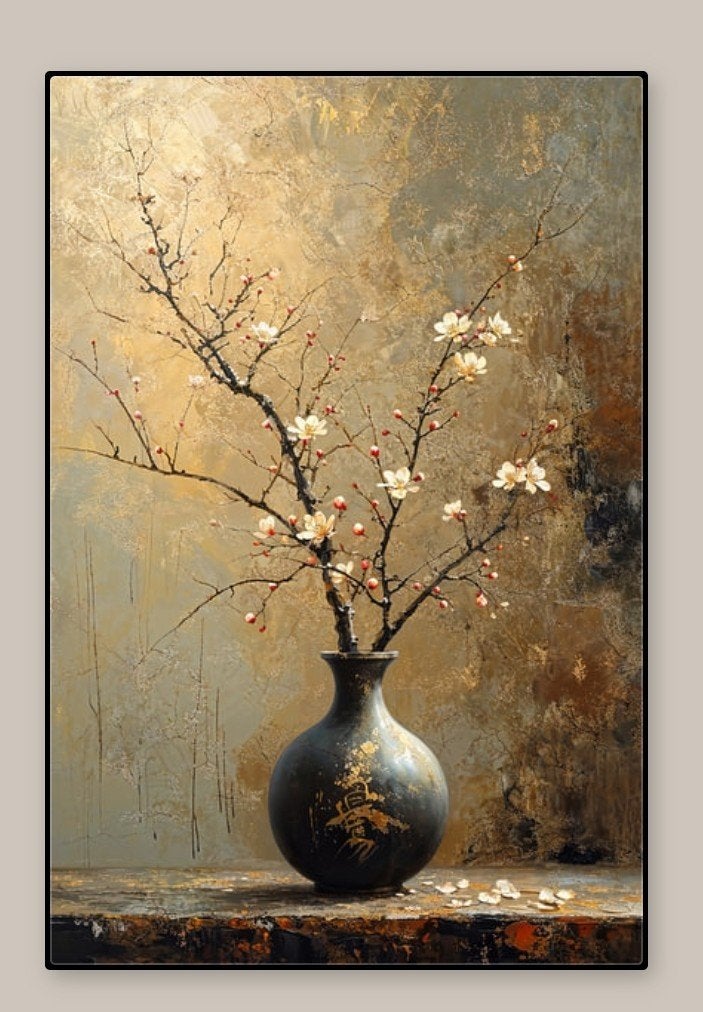 Werk aan de muur Japandi Bloem, Ophalen of Verzenden, Nieuw, 100 cm, 150 cm