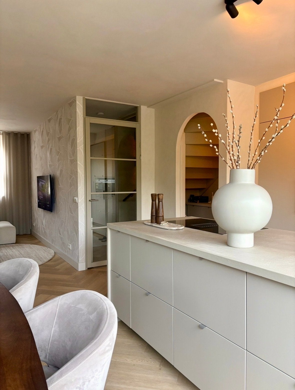 Opdekdeur Steel Look rechtsdraaiend Beige, Blank Glas, Ophalen, 80 tot 100 cm, 215 cm of meer, Binnendeur
