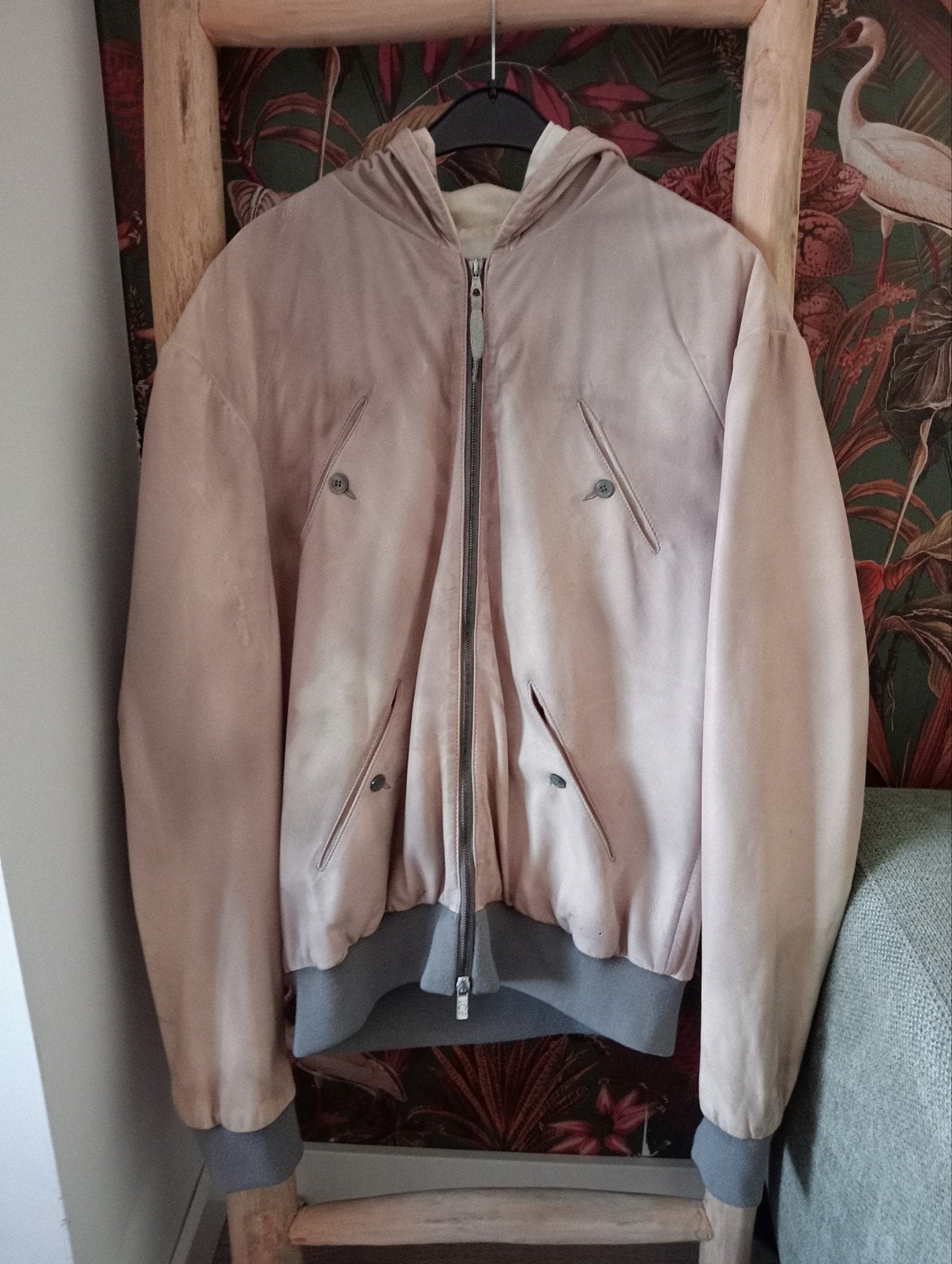 Vintage iceberg 100% pelle leather bomber jas capuchon, Beige, Maat 56/58 (XL), Ophalen of Verzenden, Gedragen