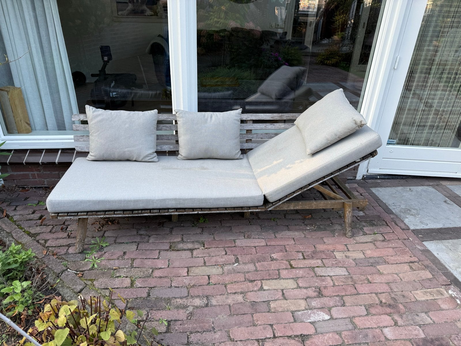 Verstelbare tuinbank met kussens, Ophalen, Gebruikt, Hout
