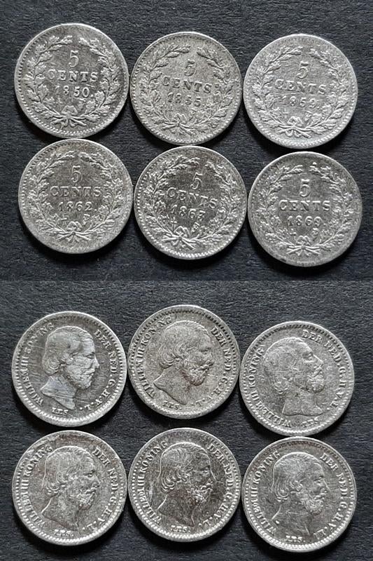 6 X 5 cent Willem III 3 zilver, Postzegels en Munten, Munten | Nederland, Verzenden, Koning Willem III, Zilver