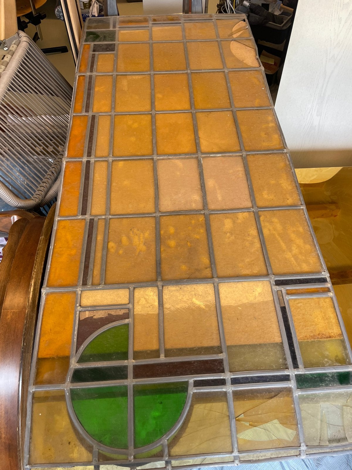 Glas in lood panelen geel wit blauw groen 143x60cm 2 stuks, Ophalen, Gevelraam of Ruit, Gebruikt, 120 tot 160 cm