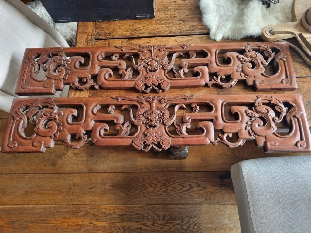 2 x Chinees houtsnijwerk paneel, Antiek en Kunst, Kunst | Beelden en Houtsnijwerken, Ophalen of Verzenden