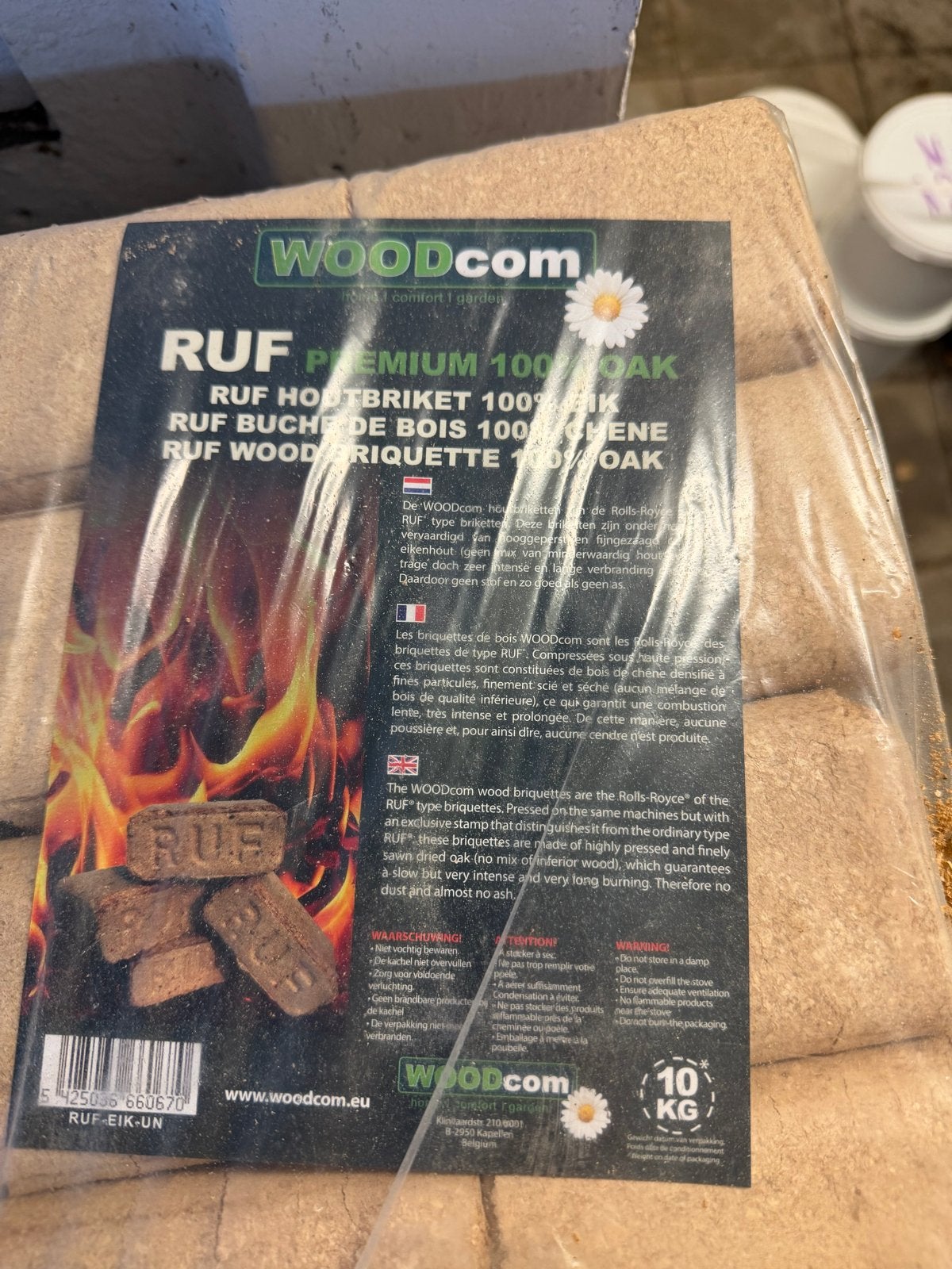 Woodcom RUF Houtbriketten 100% Eik - 10 kg, Tuin en Terras, Minder dan 3 m³, Ophalen of Verzenden, Eikenhout, Blokken