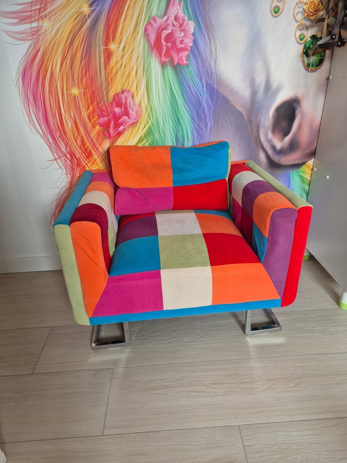 Patchwork Fauteuil - Kleurrijke Stoel, Huis en Inrichting, Stoelen, Ophalen, Gebruikt, Overige kleuren, Patchwork, Modern, Speels