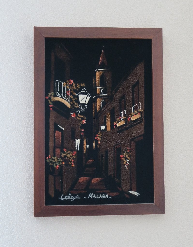 Bijzonder schilderij op velours van een steegje in Malaga, Minder dan 50 cm, Ophalen of Verzenden, Zo goed als nieuw, Schilderij