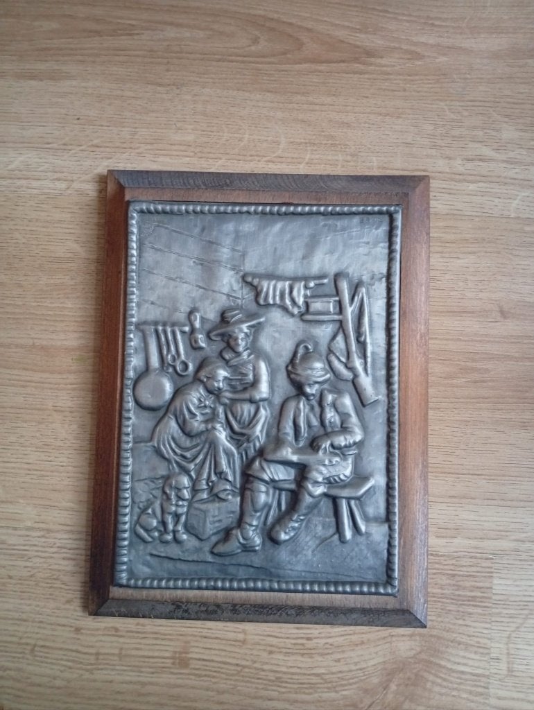 Tinnen schilderij met houten lijst, Antiek en Kunst, Ophalen of Verzenden