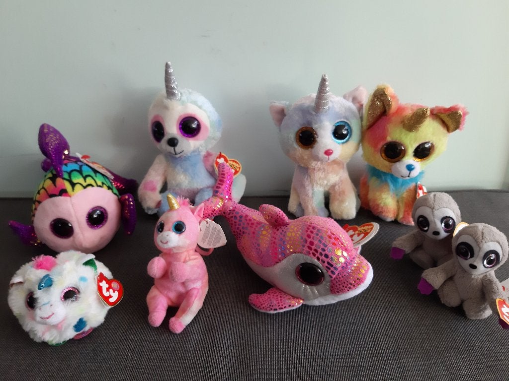 TY-beanie dolfijn, vis, luiaard, chihuahua, eenhoorn, kat, Overige karakters, Overige typen, Ophalen of Verzenden, Zo goed als nieuw